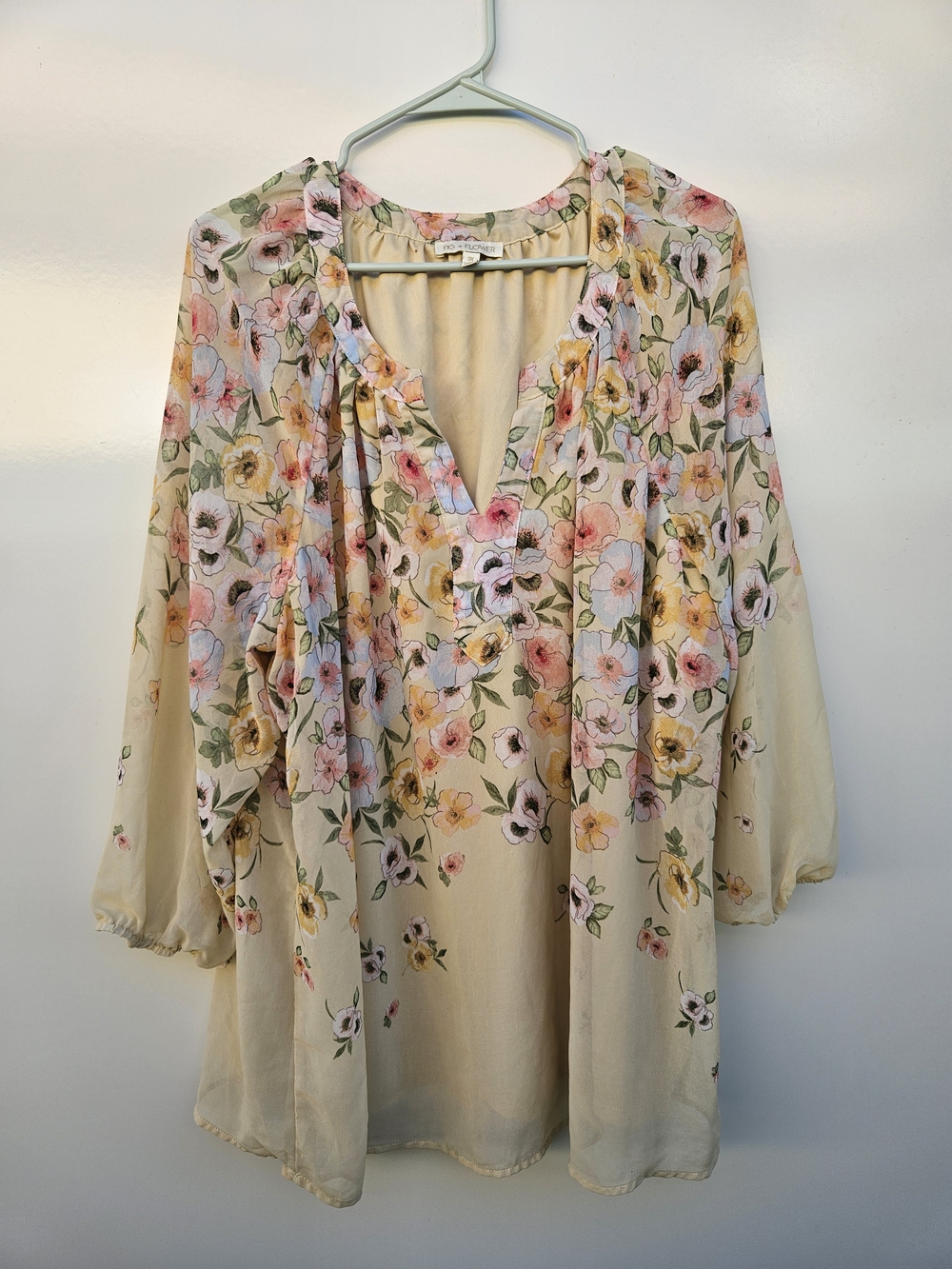 fig and flower Cream Floral Peasant Blouse with Pink and Yellow Blooms